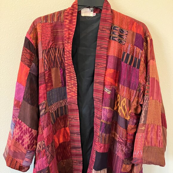 Unique Silk Upcycled Boho Patchwork Jacket - multicolor rust, red, orange - Picture 1 of 12